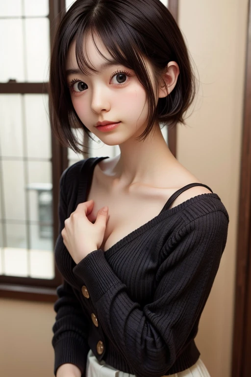 20-year-old Japan woman, straight black hair cut to the shoulders, neat, intelligent, (small breasts), ((from the angle of the person)))))