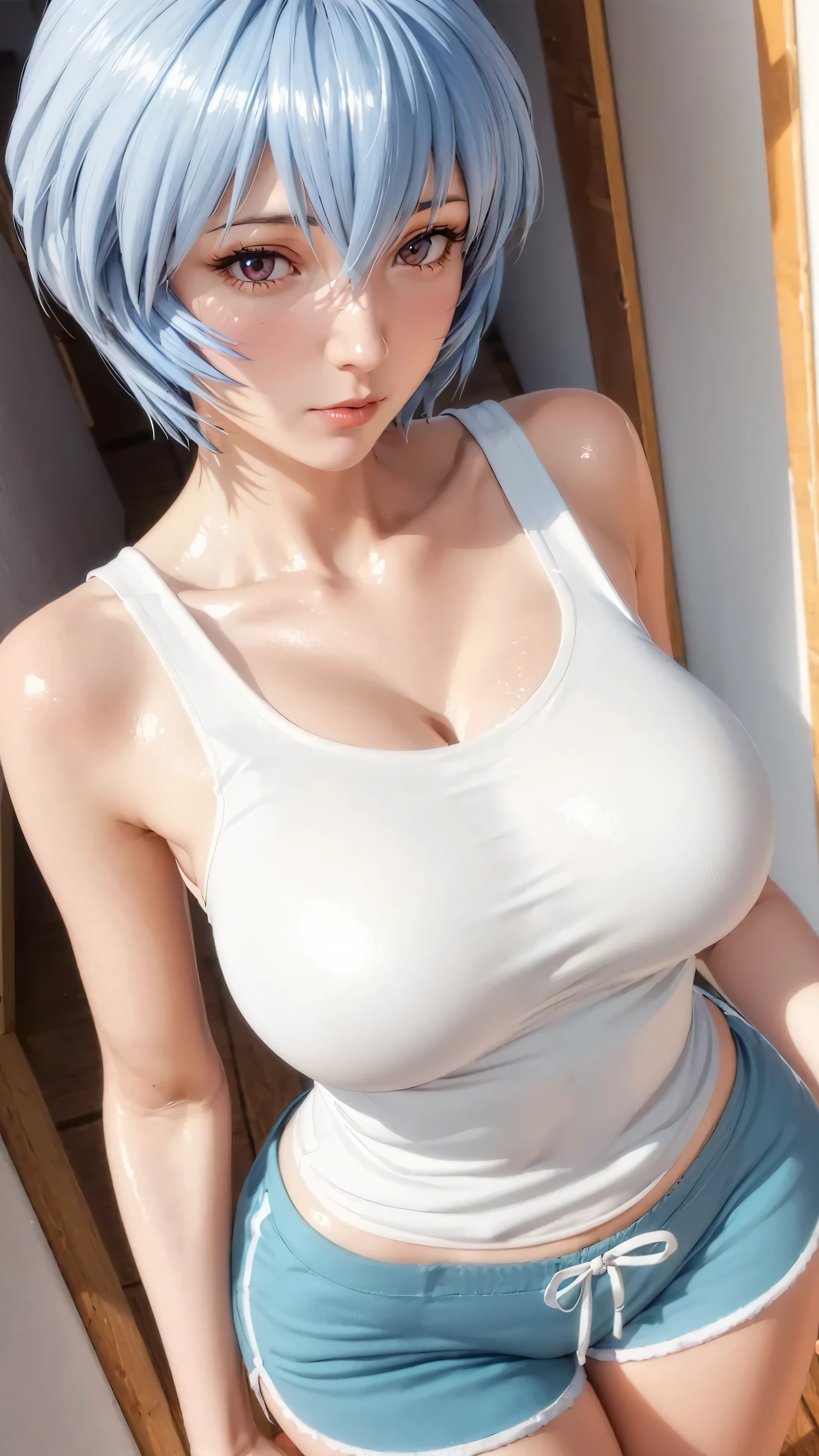 ((((masterpiece, best quality, high resolution)))), Extremely detailed 8K, Beautiful girl with voluptuous body, (Ultra HD, Ultra-detailed, Highly detailed, Highly realistic, Ultra-realistic, photograph realistic), (1girl:1.5), (Realistic blue hair), (short wavy hair, hair ornaments, earrings), (dynamic poses), facing at camera, looking at viewer, (blushing red, embarrassed, smile), (blue eyes, sharp eyes), (big perky breasts:1.2), (beautiful detailed face, beautiful detailed eyes), ((white loose tank top, jeans shorts)), (detail pussy), (standing up), sweat, glow, (sunbeam, sunlight), ((cowboy shot)), beach, seductive