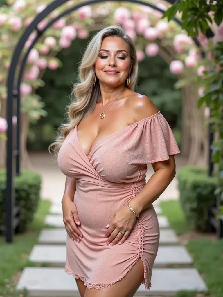 ,looking 60 years old, beautiful and seductive curvy white milf with big breast and big ass,,,,,, , - , wearing a pink maxi dress