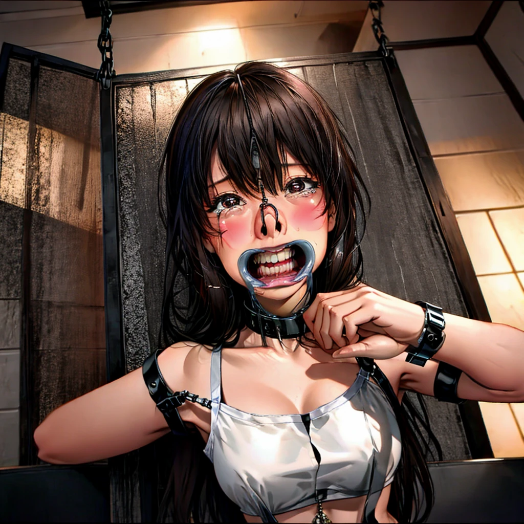 best quality, masterpiece, 1 Girl, Solitary, Plugs, Gag,The iron hook hooks the nose,Aheiyan,Huge bust,Drool,A collar with chains on it,,Transparent tulle clothes,,,Delicate nose,Showing chest long hair,Milky saliva