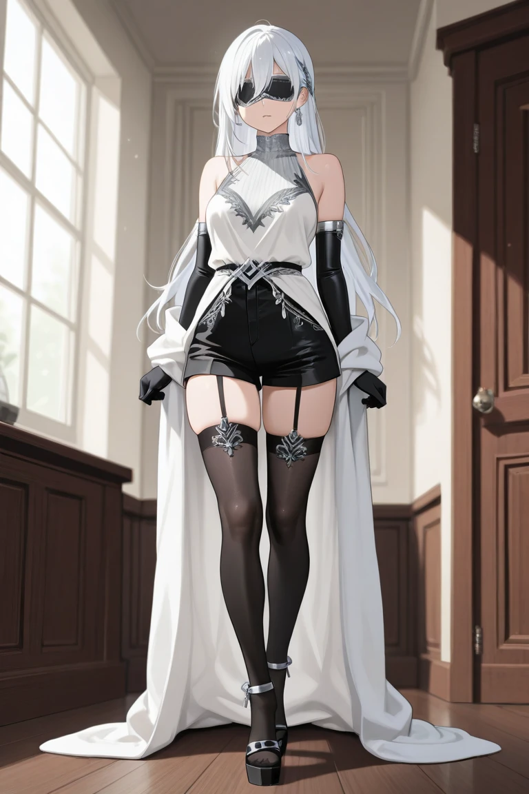1girl, (angry), white hair, ((hourglass figure)), ((black tights)), (black pantyhose), (from below), looking at viewer, ((thick thighs)), ((pussy)), (nipples)