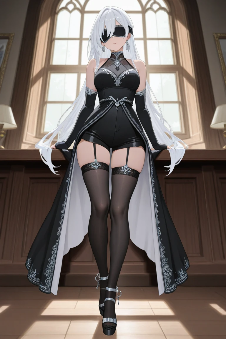 knight, brown skin, tight gothic armor, white hair with curlers, gothic eyes, gothic heels, gothic makeup
