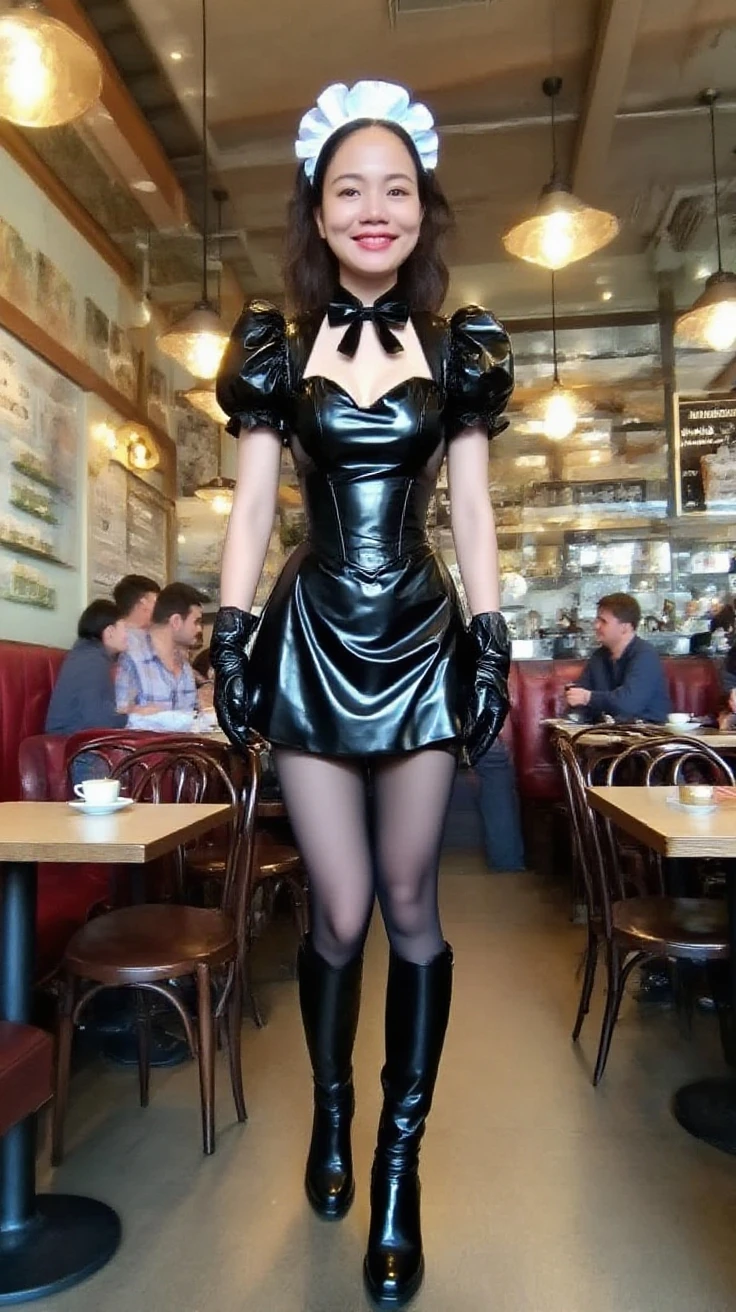 a french girl with long magenta hair, wearing a short magenta dress, black pantyhose, black heels and longblack gloves to the bicep
