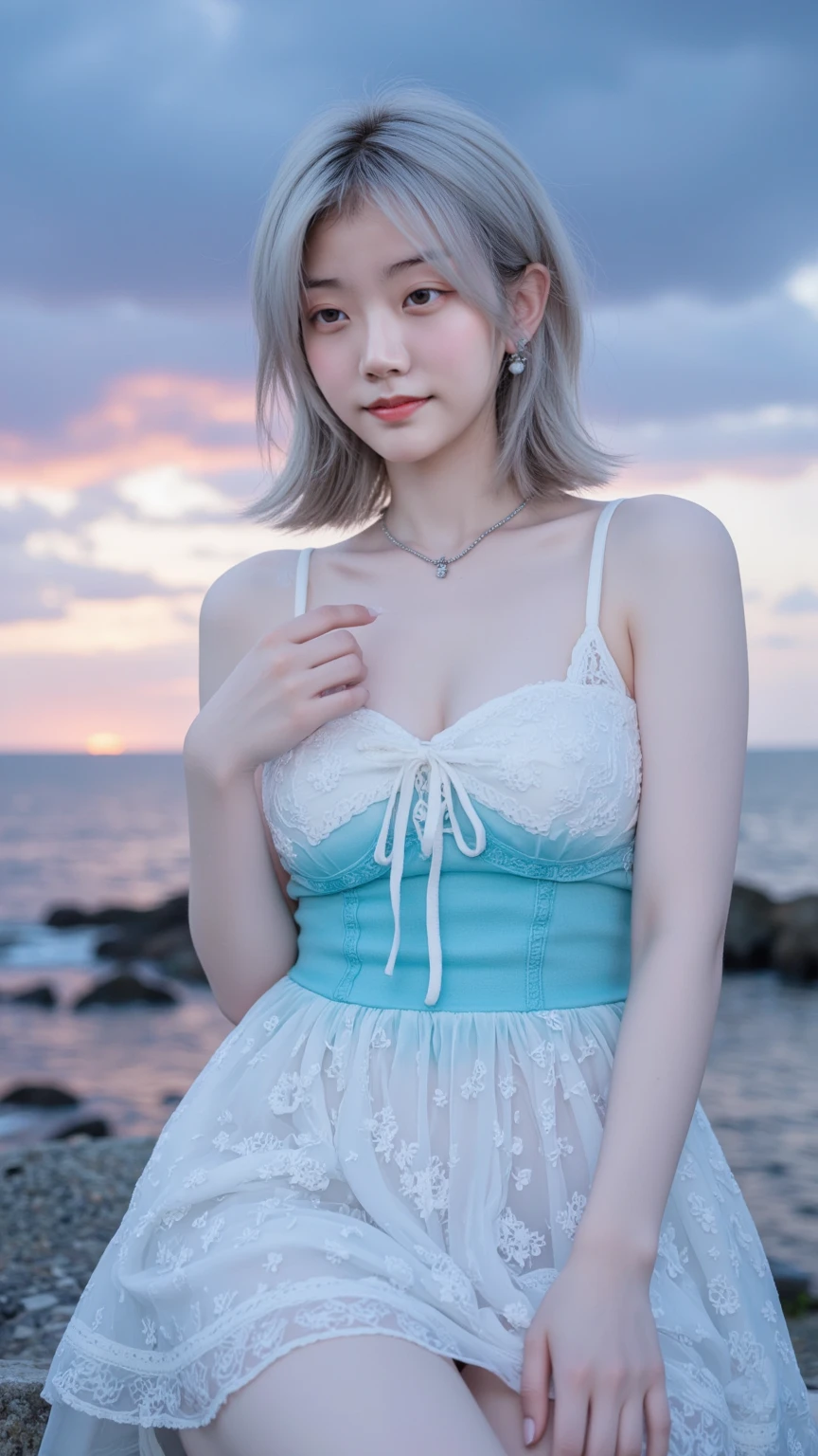 Masterpiece, Best quality, 8k, 18 years old, Raw photo, absurd, Award-winning portrait, smile, smile, pure, German, blue white ((ombre)) dress, (huge breast), white hair, blue eyes, offshoulder, open waist, ((full body))