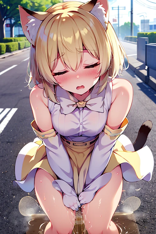 1girl,animal ears,blonde hair,ahoge,emerald green eyes,masterpiece,small breasts,pupils,no text,anime coloring,best quality,uncensored,prefect lighting,very aesthetic,anime,ultra detailed,8k,(realistic:0.8),highly detailed,physics-based rendering,cinematic lighting,dynamic angle,(official art:0.8),detailed face,detail body,realistic skin,(beautiful eyes:1.1),detail eyes,girl,bishoujo,(flat chest:0.9),flat chests,expressionless,parted lips,(looking at penis:1.2),sundress,white panties,(squat),((intercourse with a shota)),flaccid,small_penis,foreskin,unretracted_foreskin,musky_cock:1.3,from side,indoor,urinal,((blurry background))