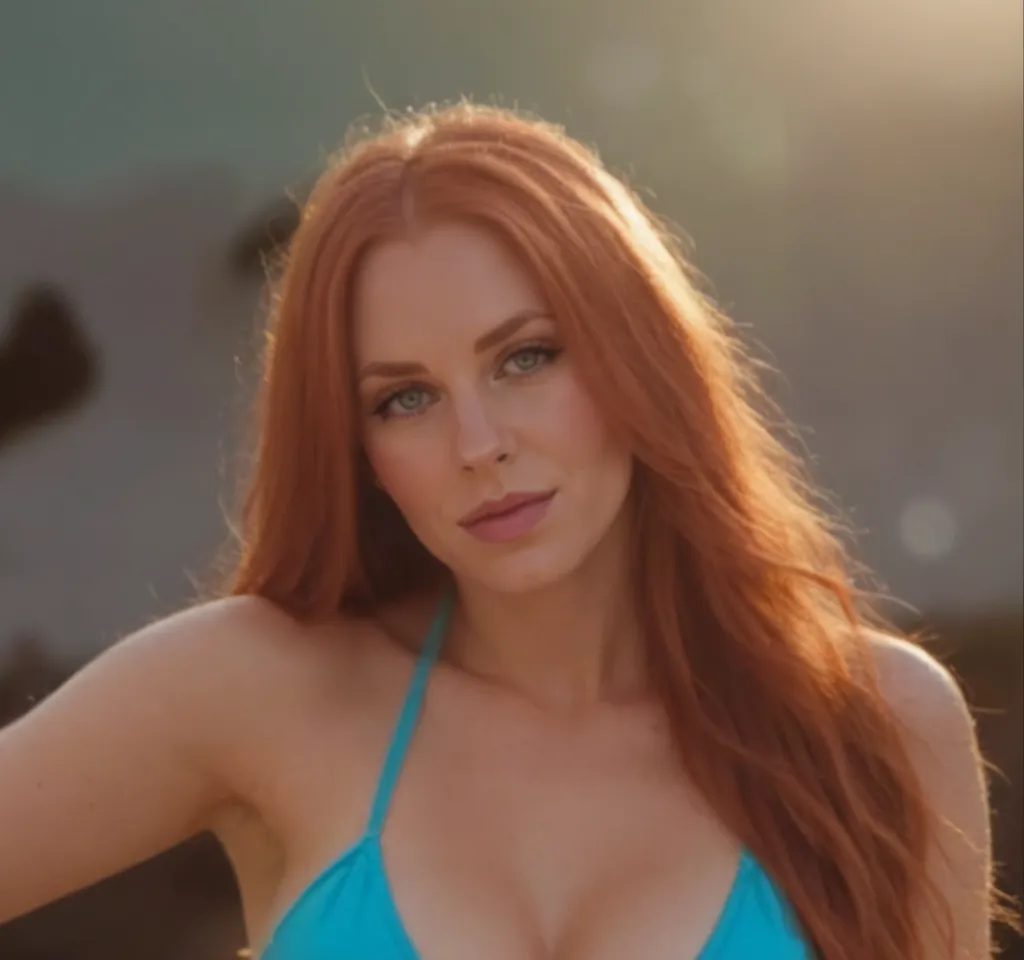 ultra realistic, photography, long red hair, girl, 24 years old, (From a straight above), female is standing on the beach in the sand with ocean in the background, her eyes gazing up toward the camera. She exuded confidence and elegance, with every aspect of her appearance meticulously styled. Her face was adorned with flawless makeup—mascara, eyeliner, and striking eye shadow that enhanced her captivating gaze. Long, fluttering lashes added a touch of allure. bright eyes, cleavage Her ears shimmered with elegant earrings, complementing her stylish hairstyle, which was expertly arranged to showcase her beauty. The teacher's attire exuded professionalism and sophistication, while still maintaining a touch of glamour. She wore a red bikini. The scene unfolded on a beach at the shore in the water, creating a contrast between the glamorous teacher and her surroundings. Despite the unconventional location, her presence exuded confidence and a sense of authority. From this birds-eye perspective, she appeared as a beacon of knowledge, ready to impart wisdom and inspire her students with her undeniable grace and beauty. beautiful detailed nose, beautiful detailed thigh, (beautiful detailed eyes), (complete perfect body), abs, perfect body proportion, (looking at camera)