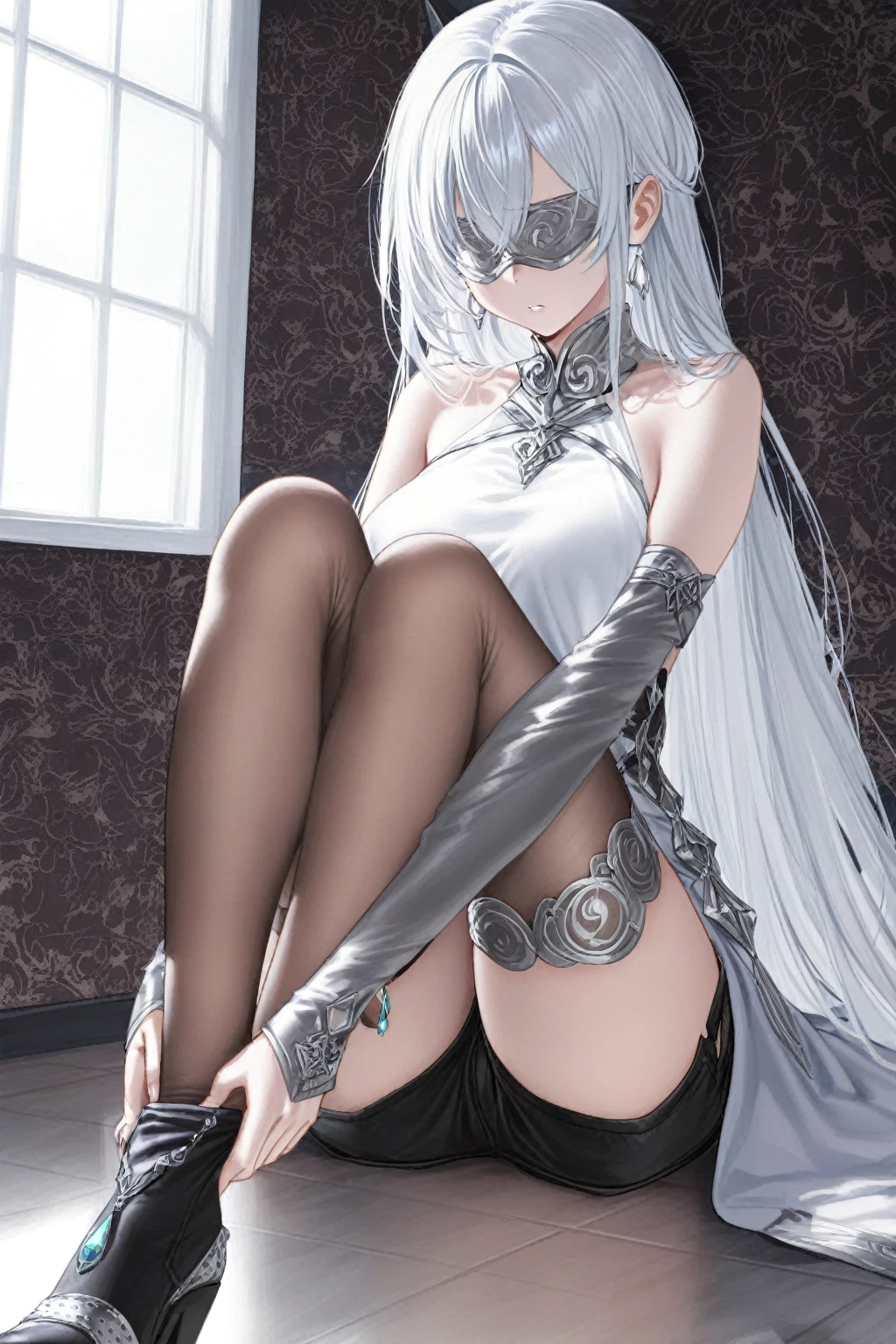 (masterpiece,best quality 1 4),super fine illustration,shiny pale white skin,detailed skin,detailed face,detailed eyes,an extremely cute and beautiful girl,beautiful face, skinny legs, shinny long hair, (maid costume), kneeling, curtsey, full body,skinny,(small breast), awaiting tongue, on the bed, (blindfold), show off nipples, clothed, ((wet pussy)), ((pussy juice))