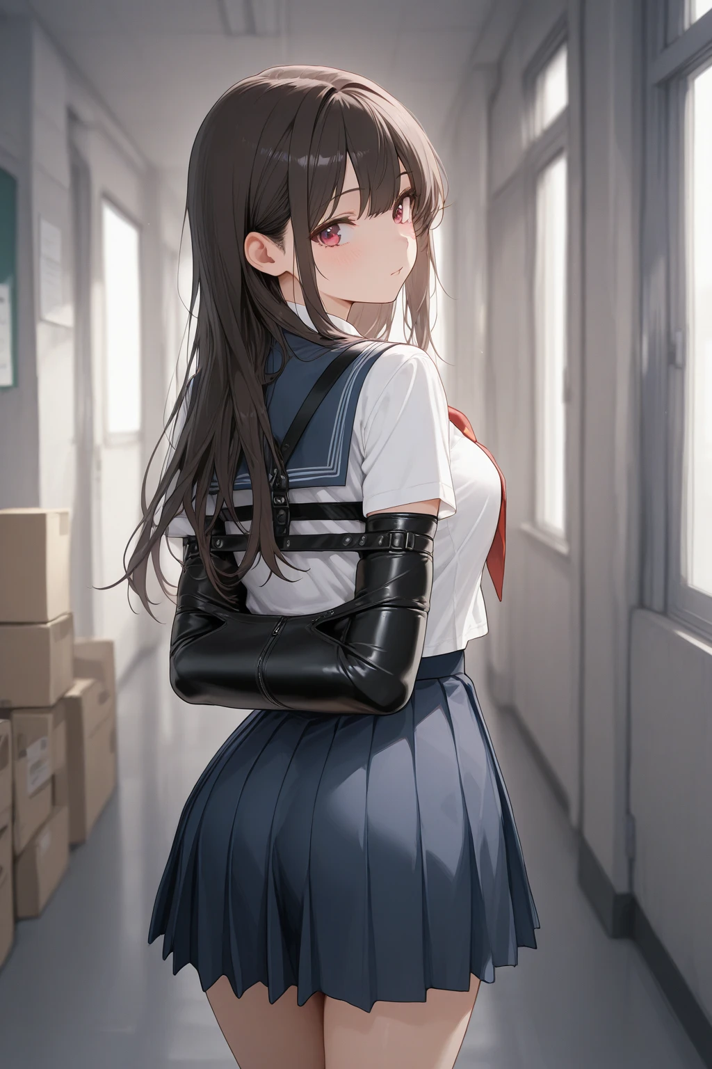 1girl（（Long dark brown hair、long pigtails）、blindfold、hair band、Cotton shirt、skirt,White Silk Sexy Lingerie、,garter belt、Red School Bag、a girl, dwarf, height 1.3meters,  30kg,,slim,(shackles,restrained)）