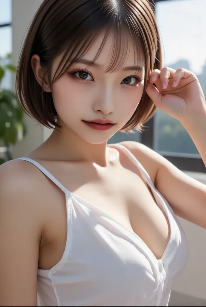 Realistic, masterpiece, Highest quality, (Tree-lined street, The background is blurred:1.3), (One girl:1.3), Photo of a woman smiling happily, (Droopy eyes:1.3), Beautiful and exquisite, (Dark Eyes:1.3), Long eyelashes, Eyelash extensions, (Hidden eyelid wrinkles:1.3), (blonde, short hair, middle part:1.3), (Swimsuit), (Full body portrait:1.3)、On all fours