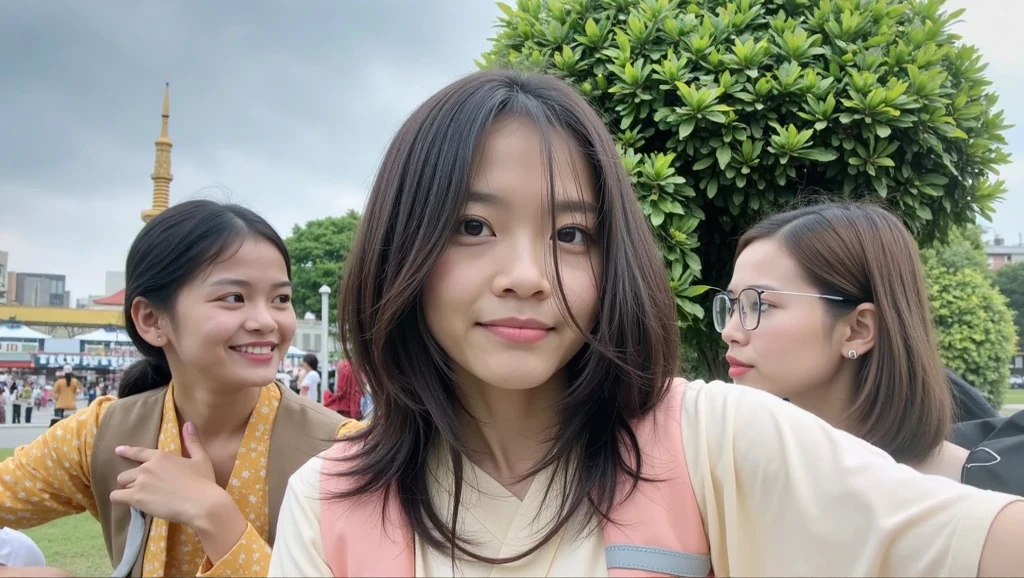 There is a young girl standing outside, wearing pink shirt, 8k selfie photo, Ruan cute vtuber, young cute wan asian face, when Merrill Lynch, anime Thai girl, pink girl, girl cute thin face, Southeast Asian round face, big breasts, iPhone picture, with cute - fine - face,