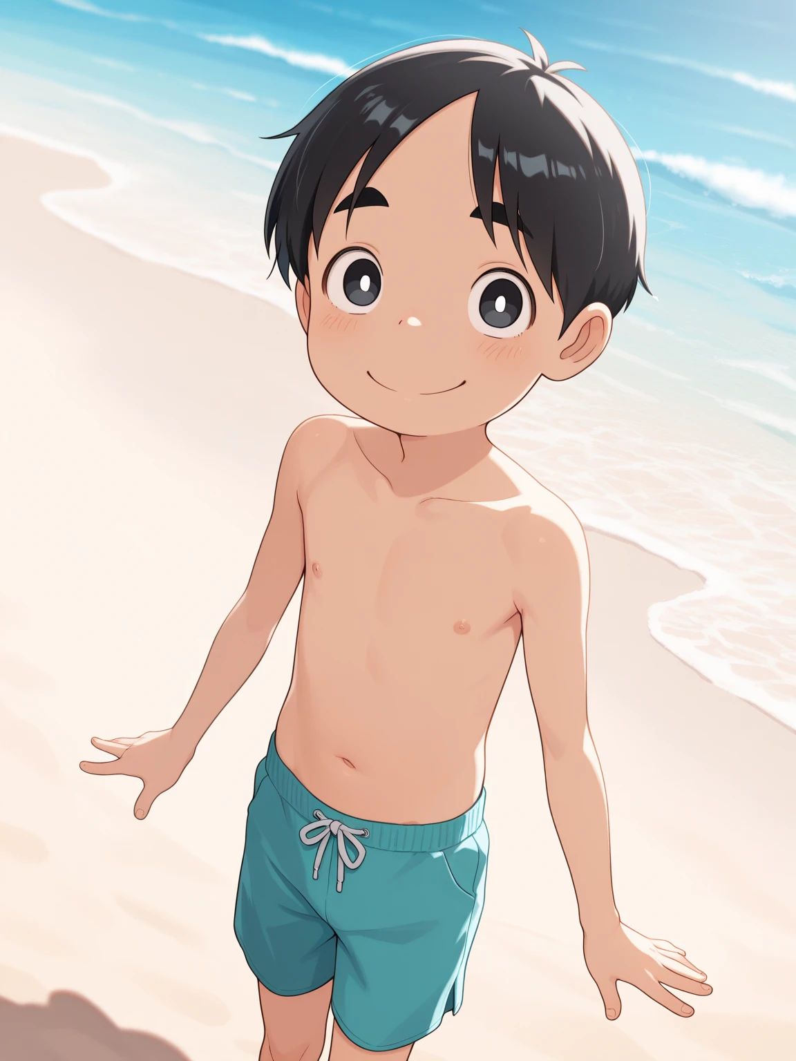 (masutepiece, Best Quality),1boy,(younge boy,child-faced,Boy's face),a baby face,infancy,sideface,Boy Standing On The Beach In Swimsuit,infancy,young age,short round face,Flat chin,finely detaild face,well-muscled,short-hair,radiant eyes,opens his eyes wide,with an intricate,full body Esbian,nakeness,Abs pectoral muscles,vivd colour,(depth of fields:1.2),(Abs),Full body portrait looking up at the sky