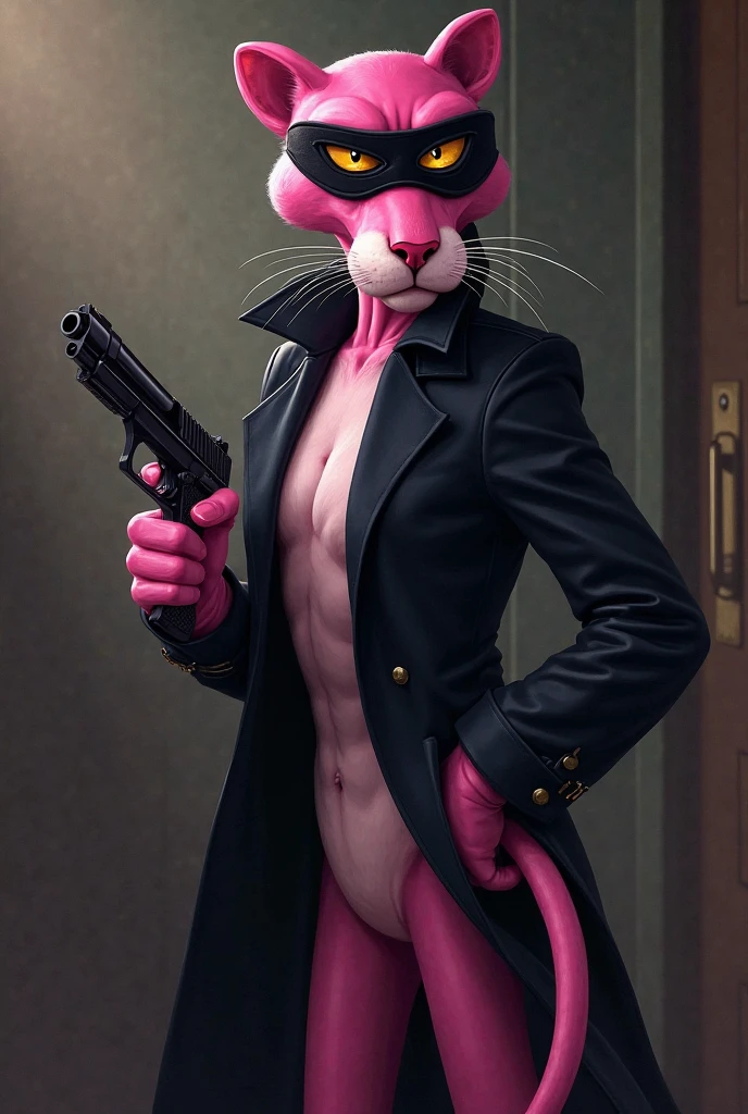 furry, furry art, source furry, (by kihu), solo, young, young face, muscular, pecs, abs, small waist, tall, cheetah, cheetah tail, ponytail hair, nude, talking, speaking, black mouth, big blue eyes, hard nipples, erect white penis with foreskin, erection, white foreskin, leaking precum, robot, (broken neck:1.2, cracked chest:1.2, cracked belly:1.2), detailed synthetic parts, detailed synthetic components, in a factory, factory interior background, holster, gun, handgun, holding gun, carrying gun, aiming gun, angry, angry expression, looking around, looking away, full body, full body portraits, full body shot