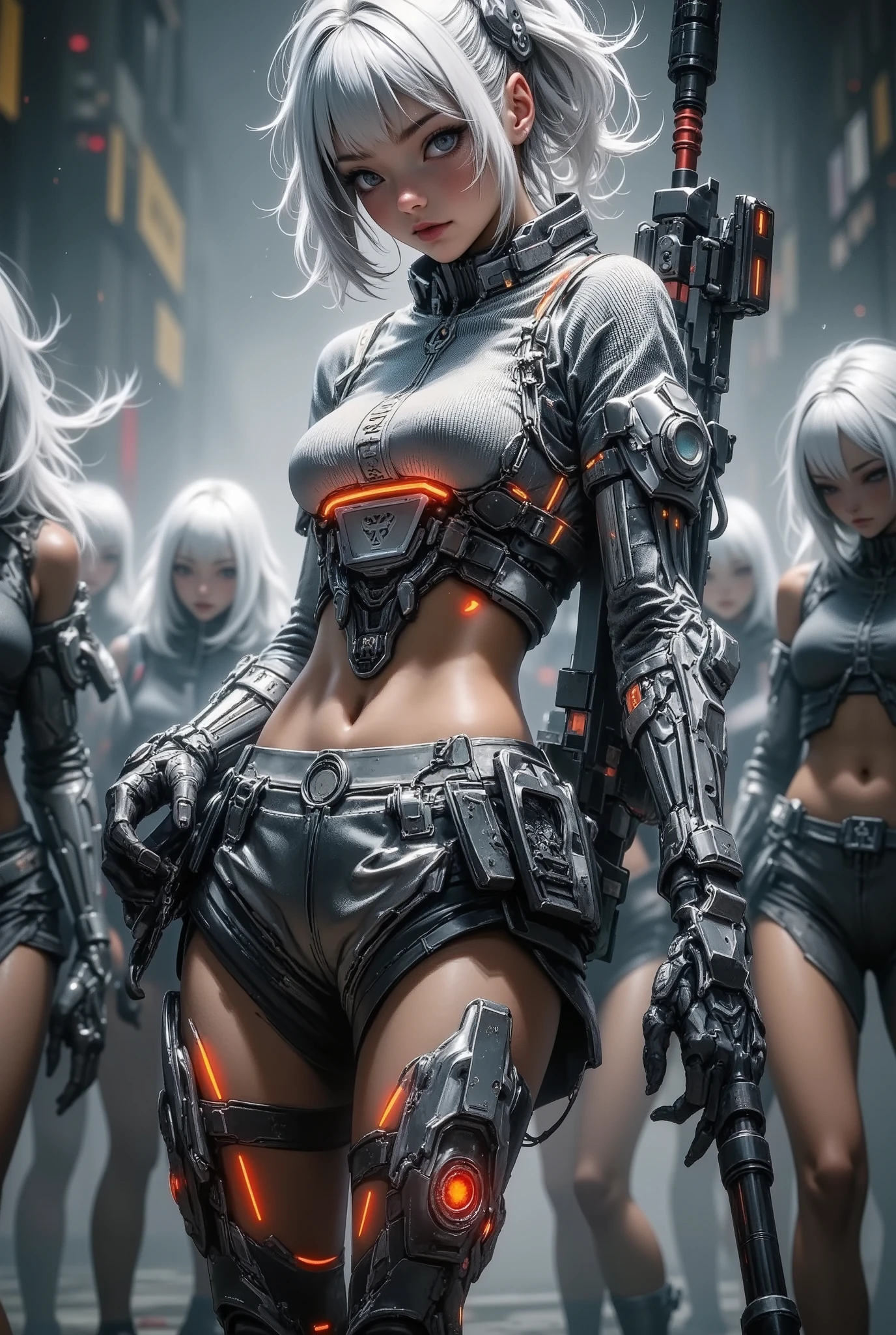 A cute cyberpunk gangster boss girl in the style of a dystopia, possessing a kawaii and at the same time frightening appearance, smiling condescendingly at the viewer. She has advanced cybernetic modifications—an open mechanical spine, synthetic leather panels, glowing neural implants, and cybernetic arms integrated into weapons. Her outfit is a luxurious tactical jumpsuit with precious armor, designed for speed and lethality. Her delicate pale skin contrasts with neon grooves and intricate knots and components. Short, light, asymmetrical haircut with faintly glowing fiber-optic threads. In the background, a gang of cyber gangsters is depicted against the backdrop of a crumbling city with smog, flickering lights and rusty metal structures. The mood is harsh, intense, cinematic, highly detailed digital painting, restrained lighting.
