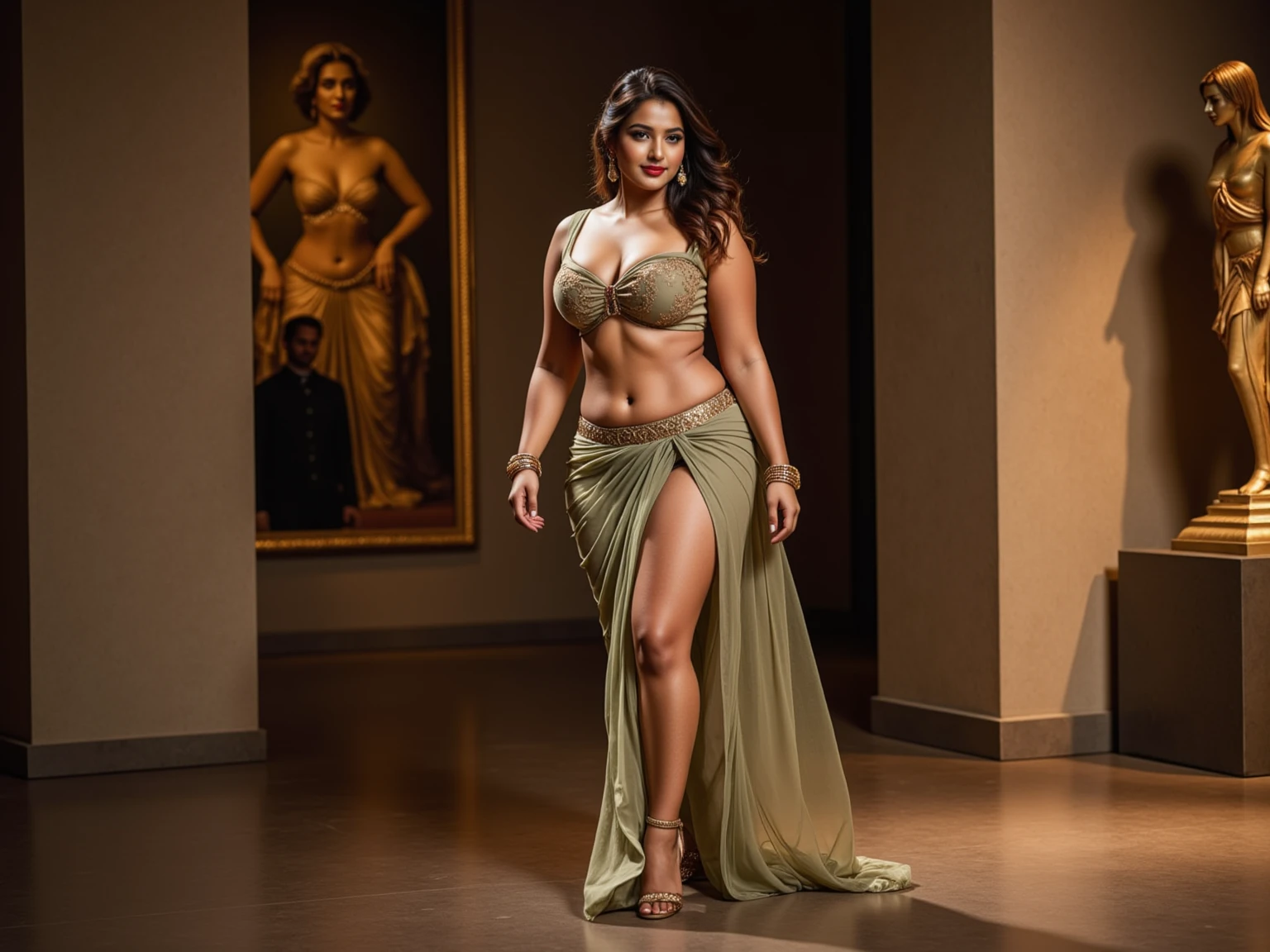 (full body shot:1.5), (Masterpiece:1.37), (Indian babe:1.5), (straight view, straight figure, wide angle pose, standing position:0.5), (inspired by disha patani), 1girl, solo girl, 18 year old girl, ultra realistic face, hyperrealistic, hyperdetailed, (looking at viewers:0.5), sharpen, detailed face, detailed eyes, detailed lips, red lips, beautiful face, 16k, FHD, UHD, raw photo, cute face mesh, pretty face mesh, girl in luxury office, beautiful hair style, tied hair, (neck garter strap), ((fancy flared maxi, silk maxi, embroidery flared maxi)), intricate, extremely detailed, (ball shape boobs, perky boobs, tight boobs, muscular perky boobs, close cleavage), (curvy hips, perfect body height), scattering surface, ultra realistic texture, smooth skin, realistic face, glow lip, glow face, very_high_resolution, perfect figure, beautiful curved body, fit body, (fancy high heel), fancy club hair ornament, (abs, muscular body, muscular shoulder, muscular neck).