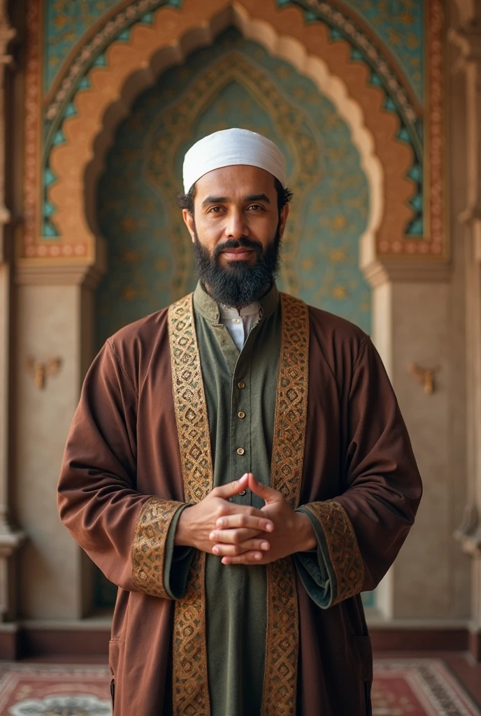 muslim man with beard wearing yellowish sherwani and takiyah
