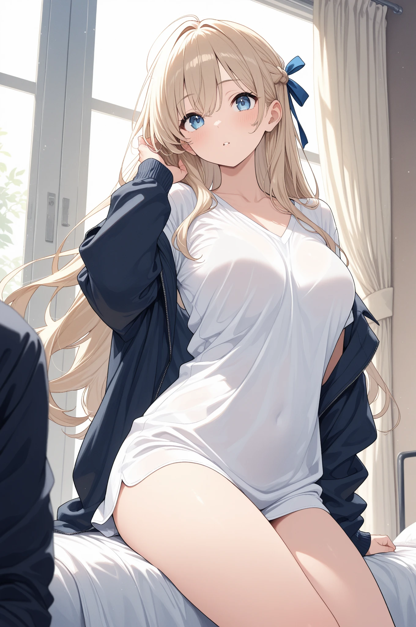 1 girl, rubio_hair, blue_eyes, blue_sky, blush, old, Bush, cloud, cloudy_sky, day, frown, hair_ornament, hair_collector, long_hair, long_sleeves, looking, half_old, outdoor, collector, shirt, sky, Alone, tree, two tails, Superior_body, anime window, HdR, luz outfit, ((Best Quality)), ((masterpiece)), (detailed), naked, without underwear, without bra, sin shirt , pose sexy
