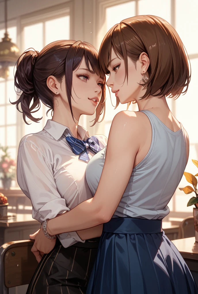 (Very detailed CG Unity 8K wallpaper),(masterpiece), (Highest quality), (Very detailed), (Best illustrations),(Best Shadow), Dynamism,16 years old,Purple eyes and very short purple hair,Large Breasts, Big Breasts,Two Girls,Two Girls,Facing other girls(Kissing),Chest to chest, (Breast Press)Chest to chest,Check it out, Couple, Perfect Anatomy, Symmetric, sukumizu, School Swimsuit, blush, boost mood