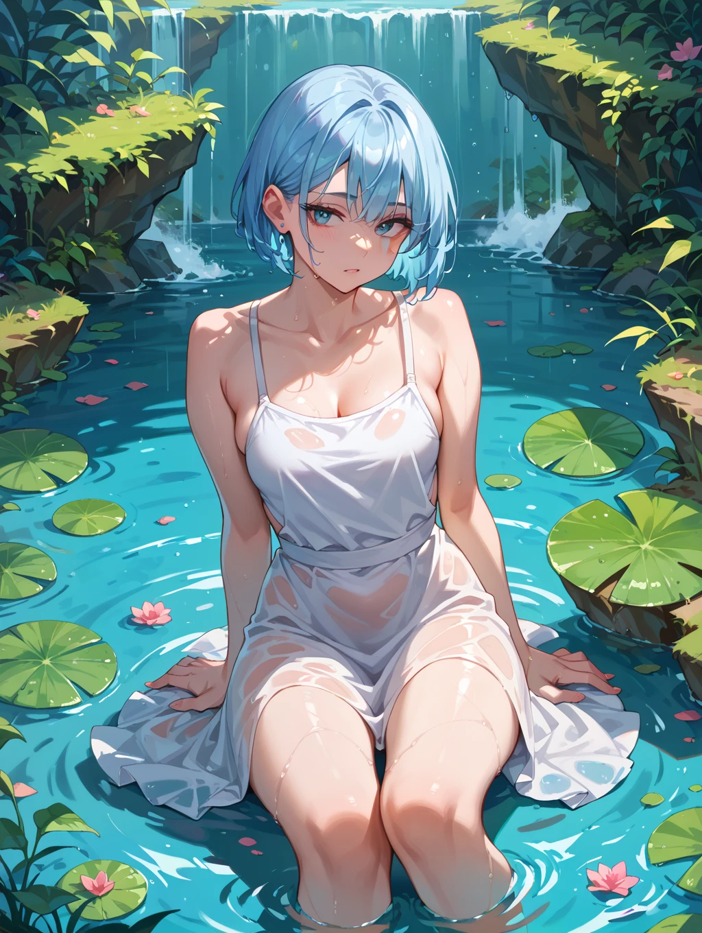 In Claude Monet style, Impressionism, 1girl, upper body focus, (white camisole dress), 14 year old, full body Esbian, short silver hair, pond, wet, ((curtsey)), nipples through, see-through, puffy nipples, bare breasts, {{{{vulgarity}}}}, bare pussy, spread legs, spread oun pussy, small breasts