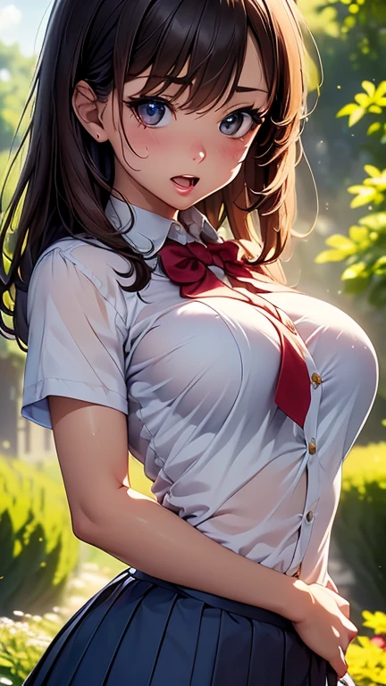 high quality, high resolution,(((nsfw))),(((one women))),(((beautiful face))),(((blue eyes))),(((brown hair))),(((hair between eyes))),(((low ponytail))),((large breasts:1.5)),((sweaty skin)),(((bare breasts))),(((school uniform)))
BREAK,(embarrassed,blush:1.3),(steam:0.8),(wet:0.8),(sweat:0.8),(trembling:1.3),(parted lips:1.3),(harf open eyes:1.4),(feeling weak:1.5)
BREAK,(((outdoor))),(((night))),
BREAK,(((model posing))),((spread legs:1.8)),(((arms behind back))),
BREAK,(((Angle from above))),(looking at viewer)