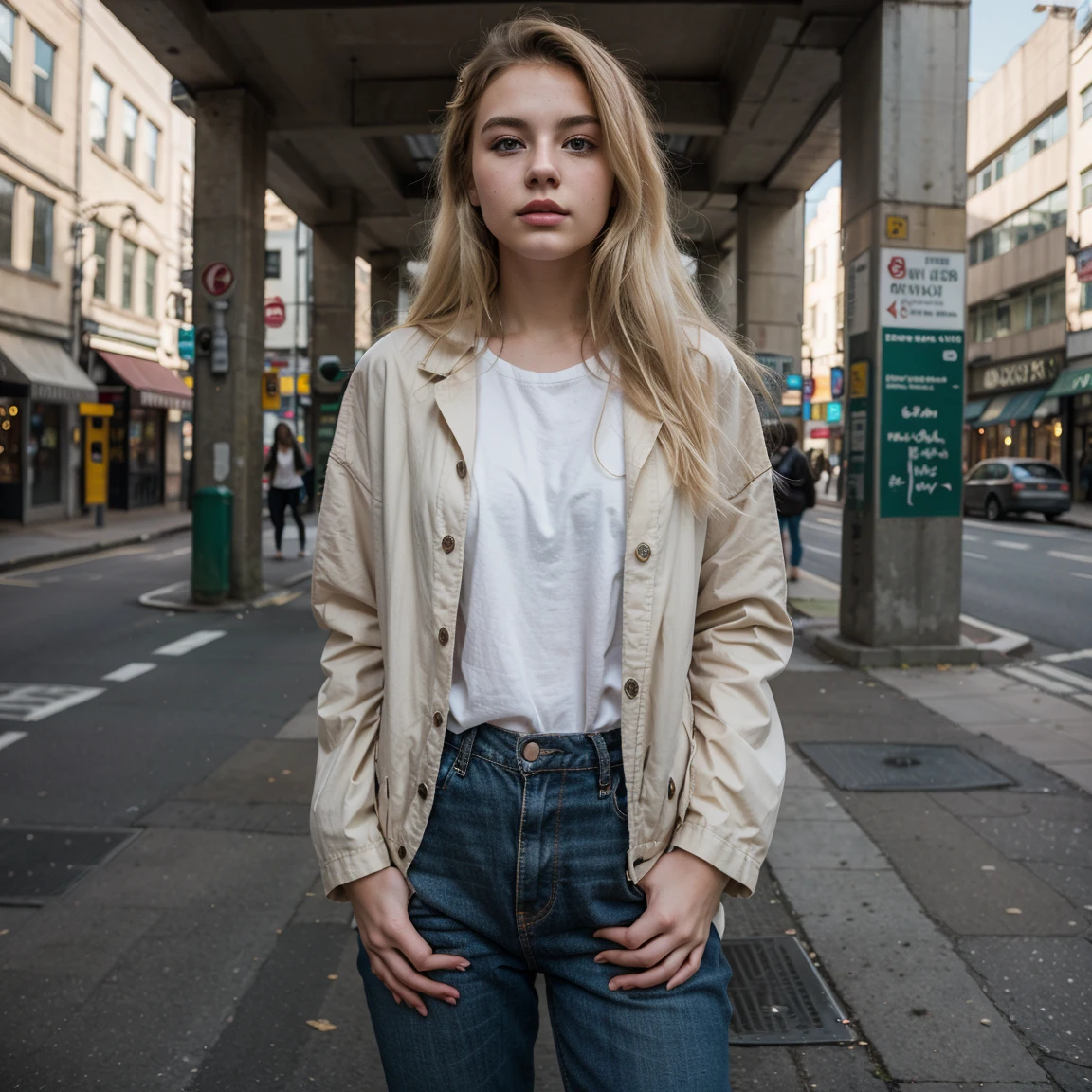 Blonde girl walks down the street ,UHD, a Masterpiece, Fujifilm, XT3 grain,(( hyper-realistic)), 8k,realistic textures
