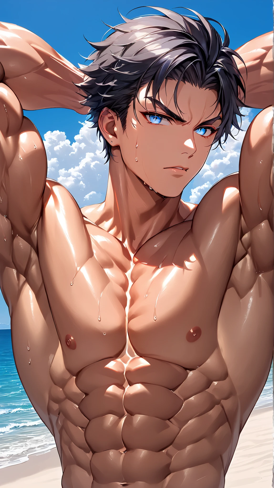 absurdres, highres, ultra detailed, HDR) master piece, best quality, Wriothesley, black hair, expressive blue eyes, genshin impact, sexy man, handsome, toned chest, sensual, black shorts, sea, beach, sunset