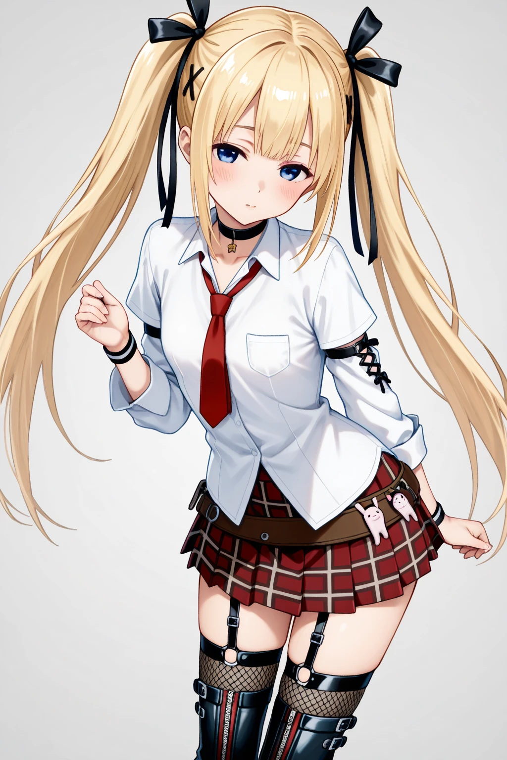 (masterpiece), best quality, (((ultra detailed, 8k quality))), expressive eyes, perfect face, perfect anatomy, perfect body, scene, <lora:scene_:0.7>, <lora:more_details:0.7>, <lora:beautiful_detailed_eyes:0.5>, <lora:GoodHands-vanilla:1>, <lora:give_it_a_name:0.7>,
doamarie, twintails, x hair ornament, hair ribbon, choker, <lora:marierose-nvwls-v1:0.8>, x hair ornament, hair ribbon, white shirt, choker, black necktie, red skirt, arm warmers, fishnet thighhighs, black boots,
grin, looking at viewer, contrapposto, hand on hip