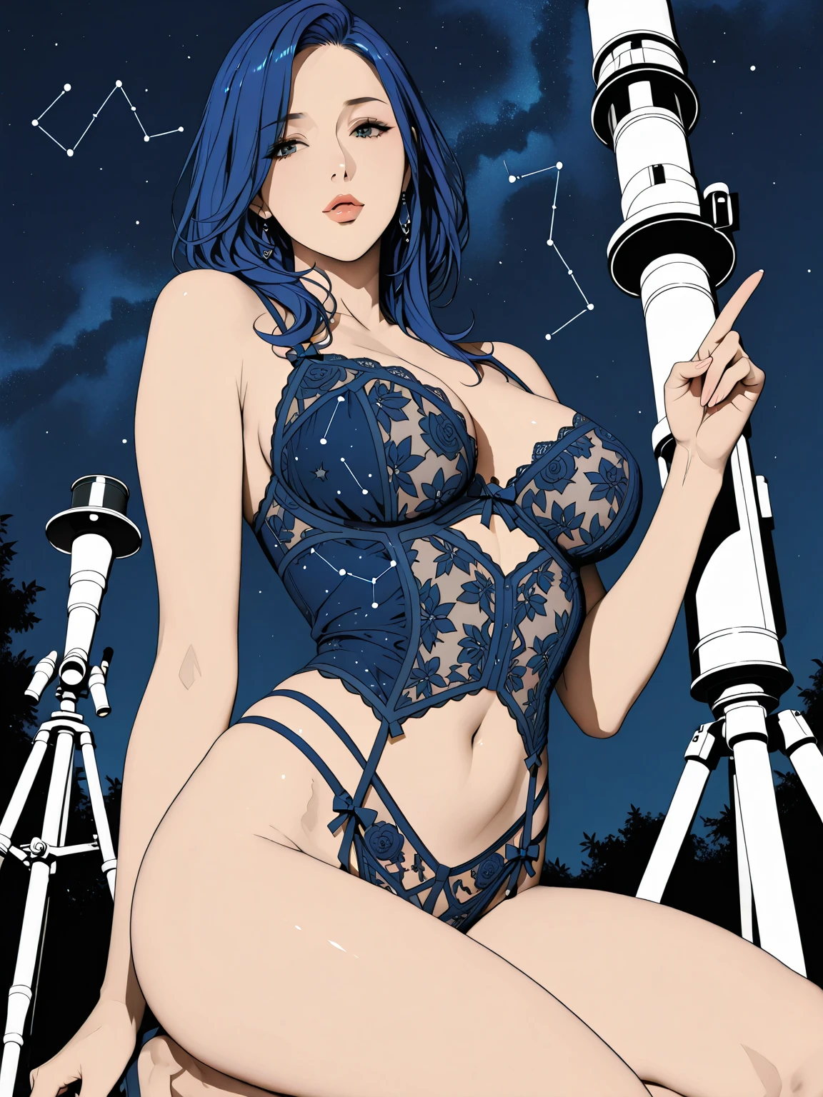 sexy girl in a lake, lingerie, perfect ass, magic, forest, fantastic, night sky, moon, stars, background, (simple oil painting in a style to Bill Sienkiewicz)