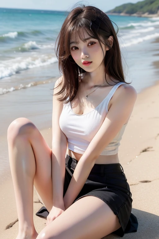 The sea shining in the morning sun , (Sexy blouse and tight skirt: 1.2), Tropical islands, Palm trees, hibiscus,Longhaire, brunette blue eyes, 1 girl, 25 years old, (Intricate details: 1.2), (Detailed eyes), long upturned eyes,(A detailed face), Smile,fine-textured skin、flushed cheeks,Medium chest,slender body shape, tight waist,small beautiful ass , thin and long legs, beautiful feet,between the legs.beautiful hands,thin butt,thin shoulders,Look at viewers,dynamicposes,