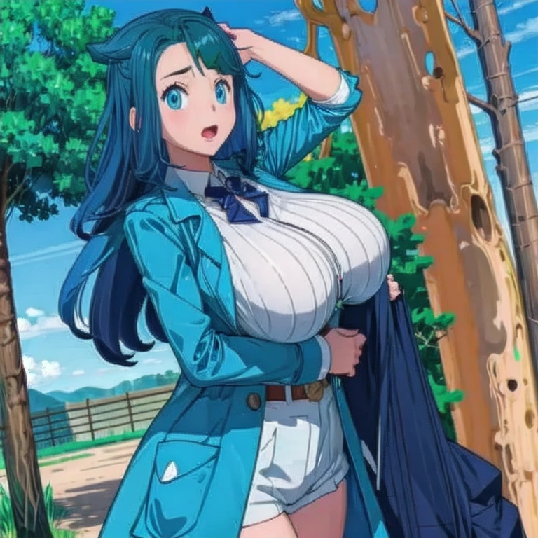 lime,spandex,green eyes,fingerless gloves,1990s (style),blue hair,retro artstyle,long hair,yellow bandana,bike shorts, full body, walking, forest