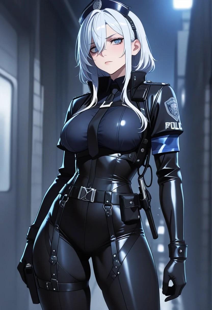 Ino yamanaka, Wet, latex, Night, rain, Storm,Police uniform，Long black stockings，downpours
