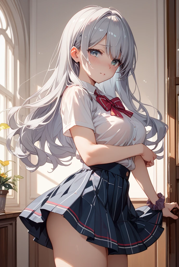 masterpiece, best quality, nsfw,
 1girl, view from below,
 lift up the plaid skirt, sailor suit,
 vagina, silver hair, embarrassed face,
 bedroom, late night,