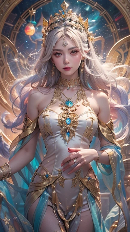best quality,masterpiece,Ultra-high resolution,photoactual:4:0,In front of the Ice Crystal Palace,An ice goddess,Head style,Long flowing blue hair,Big breasts,Wearing a blue and white Japanese miko costume,Holding an ice crystal staff