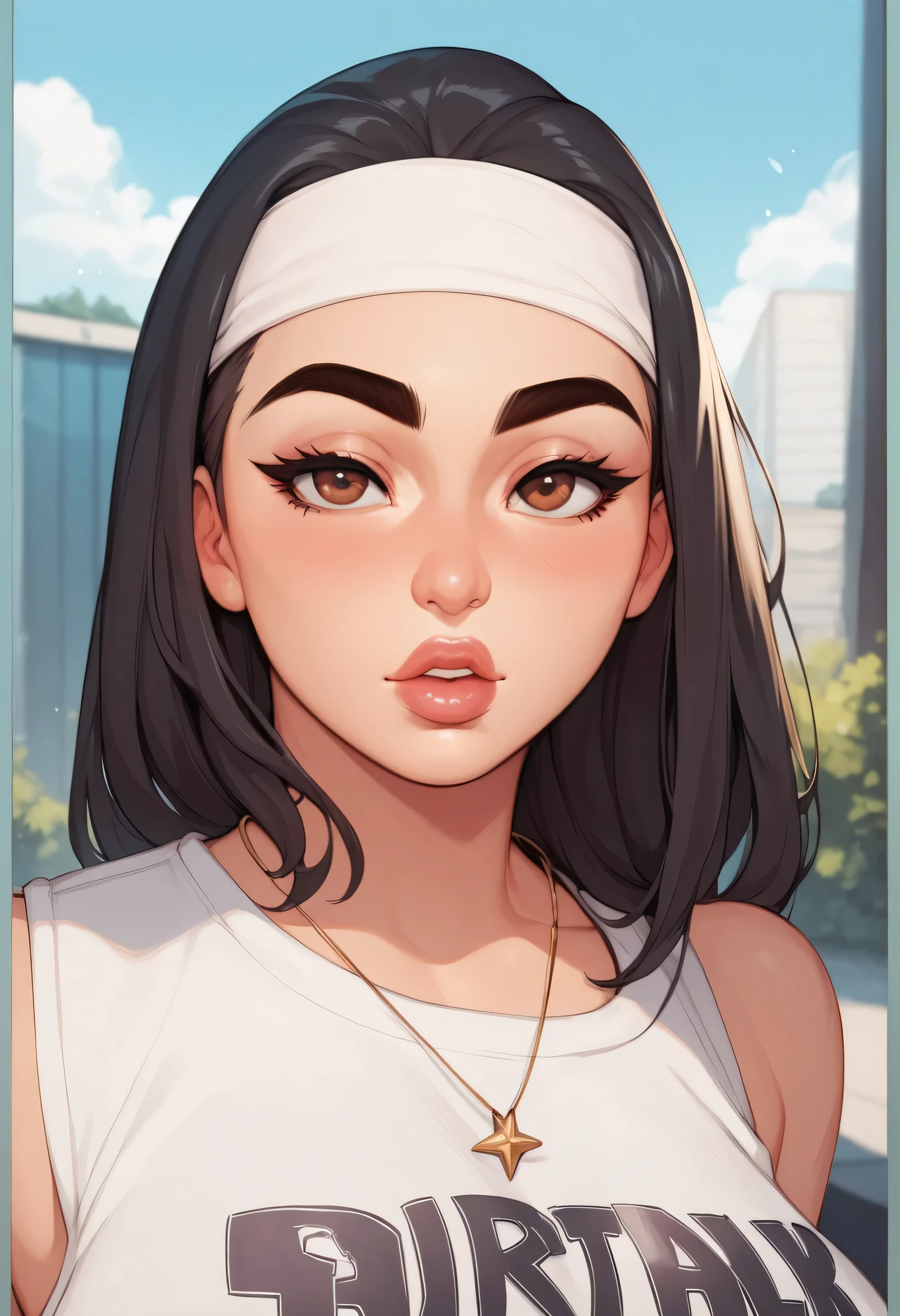 perfect face, face, long hair, black hair, (bandhead), (white bandhead), black eyebrows, thick eyebrows, brown eyes, black eyeliners, blush, nose, thick lips, beautiful woman, necklace star, huge breasts, tank top, white tank top, forest, cloud sky