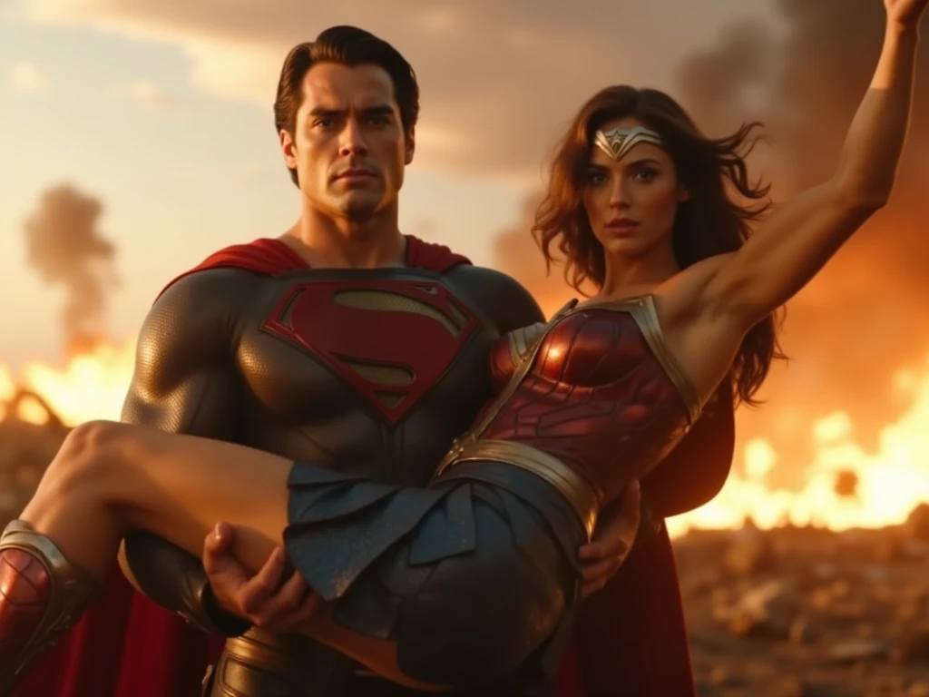 cinematic lighting, epic dramatic poses, amazing superhero action, muscular male figure with chiseled features, gorgeous female figure with flowing hair, intense passionate embrace, high energy dynamic movement, dramatic shadows and highlights, vibrant vivid colors, highly detailed realistic rendering, masterpiece, (best quality, 8k, photorealistic, hyper detailed, cinematic composition, dramatic lighting, intense emotion)