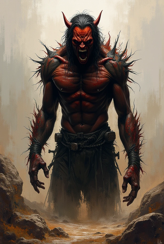 A warrior who, by not going through the Catharsis, becomes a grotesque and violent figure, with eyes full of anger and a crazy expression, symbolizing degeneration without purification.