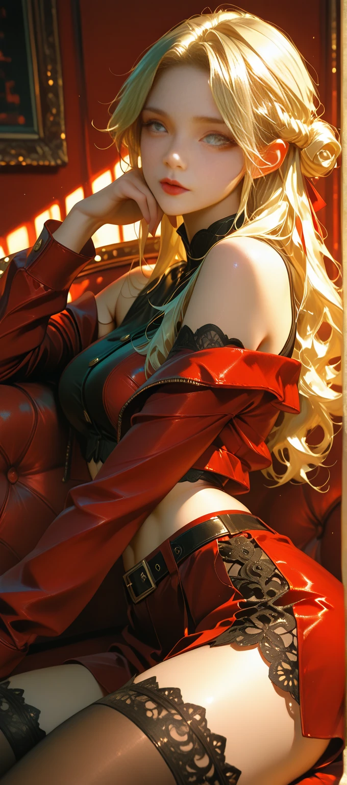 Angel of lust, blonde hair(red streak), red mink dress(sexy cut outs), black stockings, full body