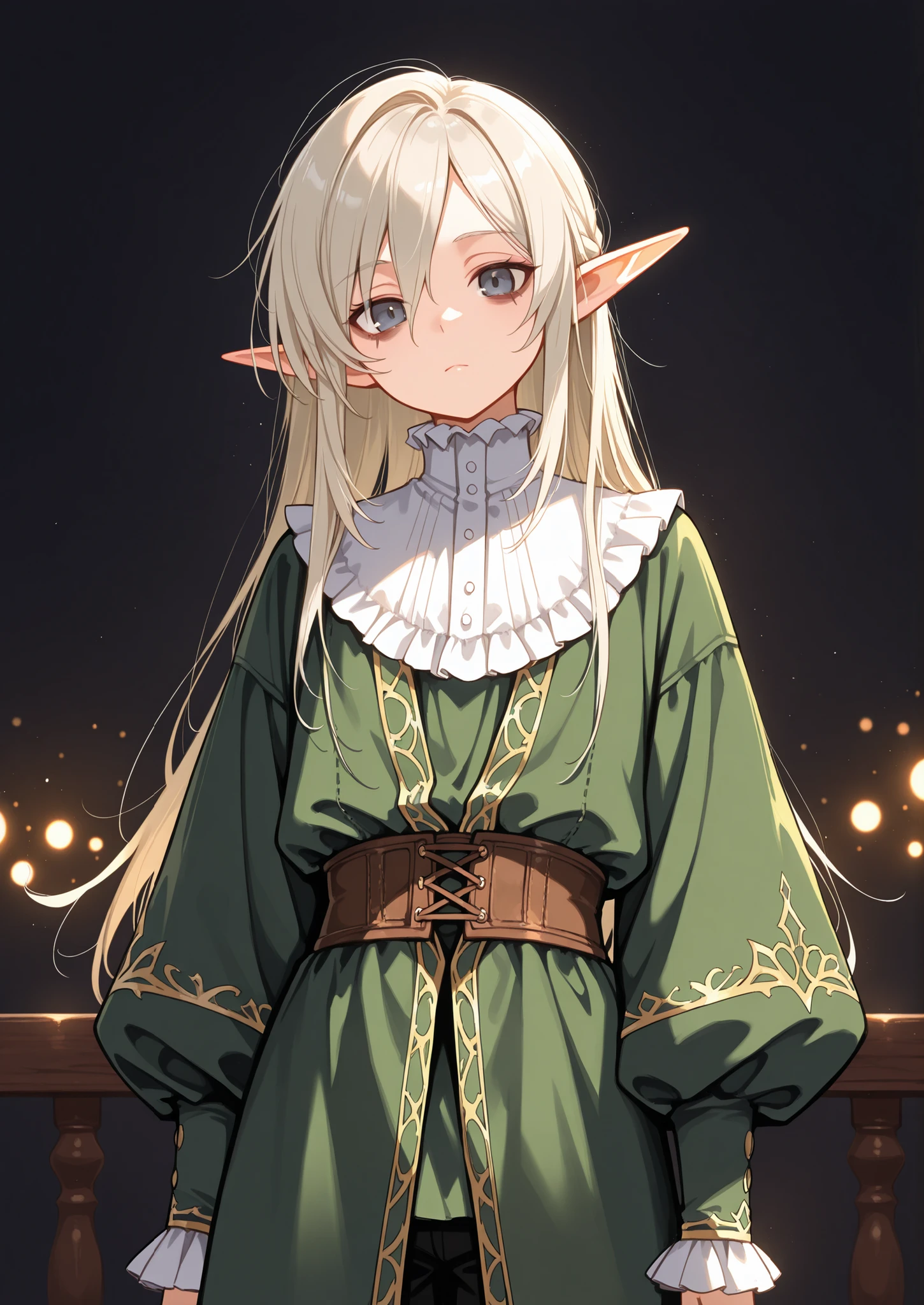 masterpiece,best quality,(ultra detailed:1.1),solo,elf, short chin length hair, elf ears, pointed ears, dark blue-grey eyes, ornate, elaborate detailed male ta style oji fashion,looking at viewer, painting, fantasy, glowing lights, sickly skinny,glossy,high resolution,beautiful,stark colors,dark background, male, femboy, shota kawaii,modestly dressed, chin-length hair, soft hair, platinum blonde hair, eye bags, tired looking, skinny limbs, elf boy,, (nsfw:0.3), baroque era fashion, fashionable, androgynous fashion, wearing long sleeve, wearing coat, wearing ruffled collar and sleeves, accessorised, pierced long elf ears