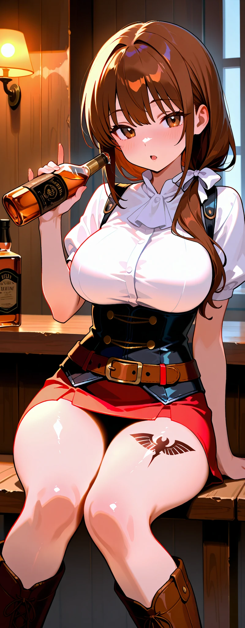 (masterpiece, top quality, best quality, official art, beautiful and aesthetic:1.2), (1girl:1.3), auburn hair in big curls, extremely detailed, portrait, looking at viewer, solo, (full body:0.6), detailed background, close up, (warm summer tavern theme:1.1), freckles, extremely busty tavern maid, bard, charlatan, smirk, mysterious, working in tavern, revealing bard attire, dirndl dress, dirndl, corset, straps, long boots, mugs of beer, ((((gigantic breasts, cleavage, skindentation)))), slim waist, slim hips, long legs, medieval (tavern interior:1.1) background, dark mysterious lighting, shadows, magical atmosphere, dutch angle