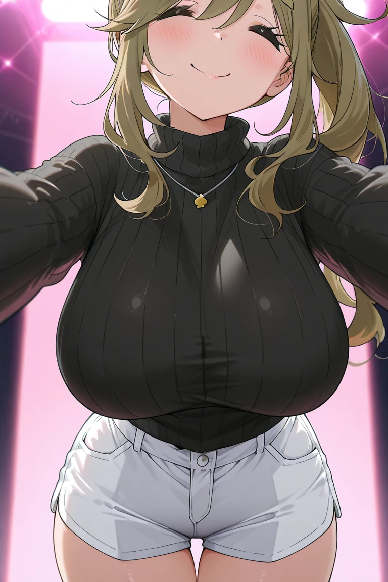 masterpiece, <lora:zyugoya-60:1>
zyugoya, 1girl, solo, long hair, looking at viewer, blush, blonde hair, simple background, shirt, black hair, long sleeves, white background, brown eyes, multicolored hair, cowboy shot, pants, huge breasts, two-tone hair, black shirt, turtleneck, arms behind back, denim, jeans, @_@, blue pants, shirt tucked in, black sweater, high-waist pants