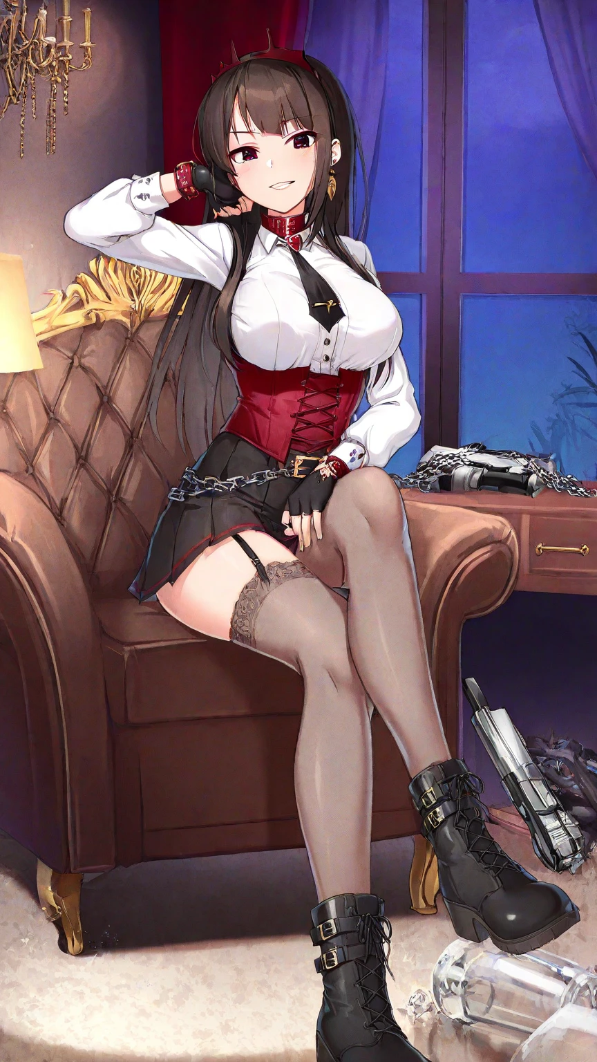 ((blood droplets)), ((blood)), ((blood splatter)), ((blood on clothes)), ((blood stain)), Masterpiece, Beautiful art, professional artist, 8k, art style by sciamano240, Very detailed face, Detailed clothing, detailed fabric, 1 girl, View from above, lying completely on the ground, perfectly drawn body, legs open, (very big breasts), dead expression, lifeless, pale skin, beautiful face, short black hair, Closed eyes, pink cheeks, glasses, choker:1.6, (white collar button down long sleeve shirt), black gloves, gloves that cover hands, (holding an ax in his right hand), (black leather corset), (shiny black tight mini skirt), Sensual Lips , evening de invierno, Dark road, dark forest, evening, Atmosphere, fog