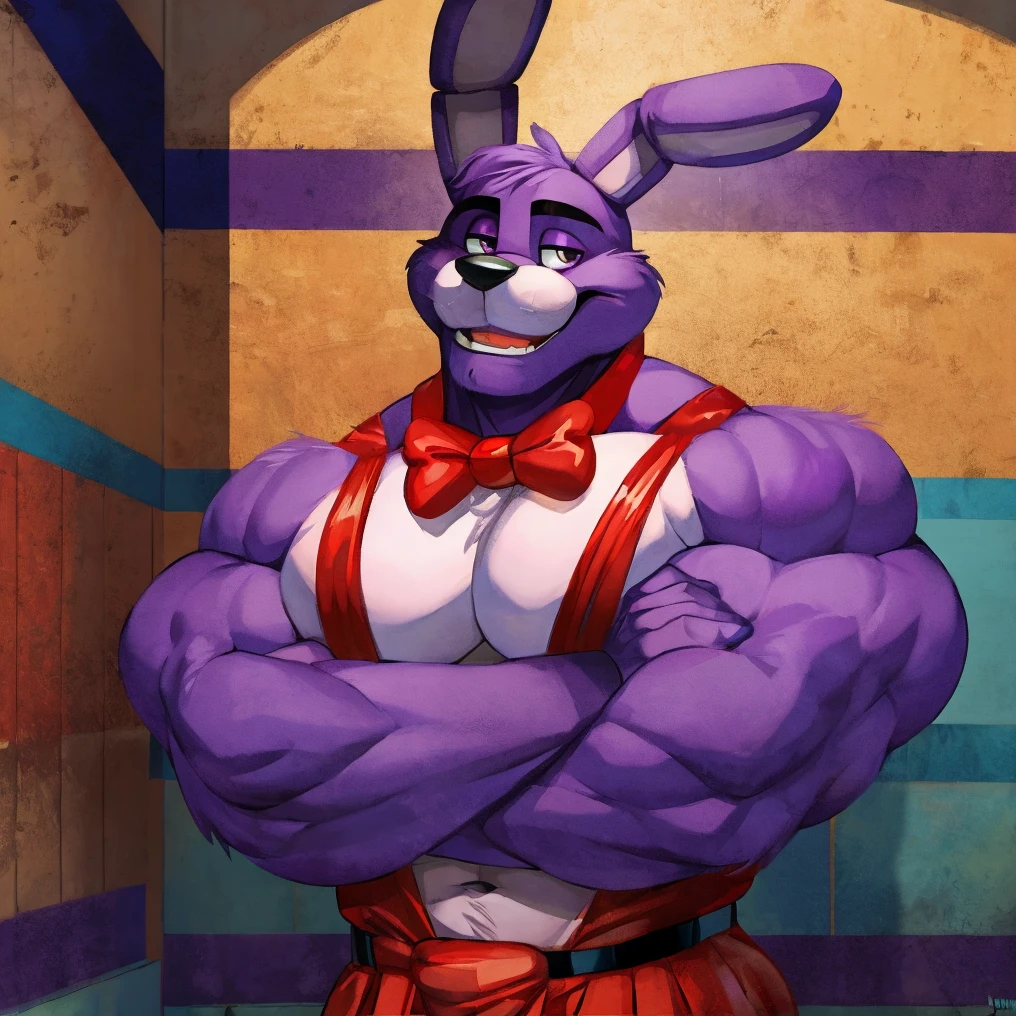 Purple rabbit from FNaF 1, Bonnie, Bonnie Rabbit, solo, male, purple rabbit, perfect nose, rabbit ears, long ears, male face, handsome, attractive, standing, red dress shirt, dark red, black pants, black belt, good anatomy, male anatomy, perfect anatomy, perfect body, nice body, posing, waist, hand on waist, Five Nights at Freddy's, By mystikfox61