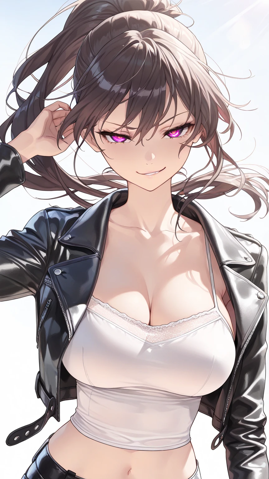 masterpiece, (best quality), 1woman,1girl ,1boy,,katherine, pink hair, long hair, brown hair, purple eyes ,jacket, jewelry, shirt, long sleeves, skirt, school uniform , medium breasts,,sexy woman, embarrassed,blush, bare shoulders,navel, , vibrant colors ,,natural lighting ,RTX, , beautiful, (detailed face:1.2), showcase, (perfect eyes:1.1) ,(photorealistic:1.1), 8k uhd, looking at viewer, outdoors, simple backround