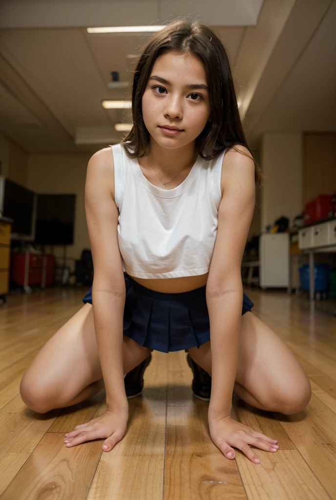 ((No clothes))、Beautiful Japanese woman in her early teens、Beautiful legs、Long, slender legs、Convention Hall、11 year old girl、(Pubic hair is visible)、Beautiful nipples、Beautiful pubic hair、((Crouching))