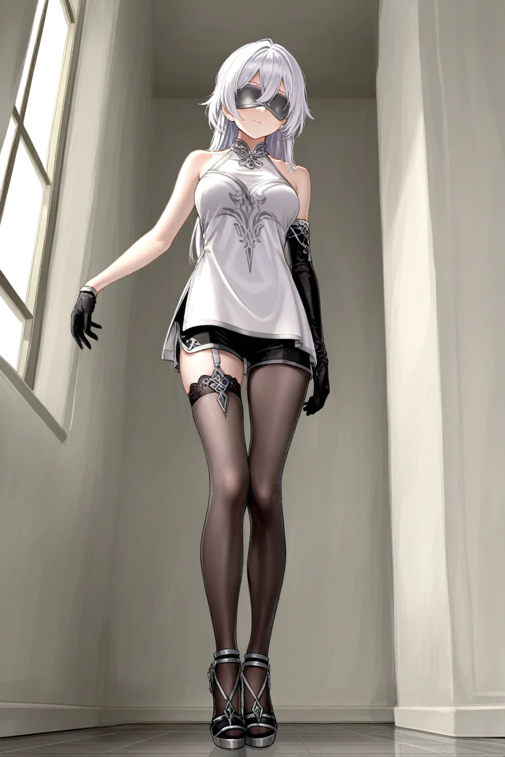 ((Biologically correct limb count)),(( From head to toe,Full-body photo including face)),4K,((Standing position)),masterpiece,((Focus on the face)),((Symmetrical facial features)),Eyes with detailed description,Beautiful woman,Great style,Beautiful arms,Beautiful legs,Beautiful Hands,(Small Ass,Thin thighs),Detailed depiction of the face,Small earrings,necklace,(Latex clothing,mini skirt((High heels,Patterned fishnet stockings))),Realistic photo,Short Hair,Stand at an angle,Meeting,Alluring,beret