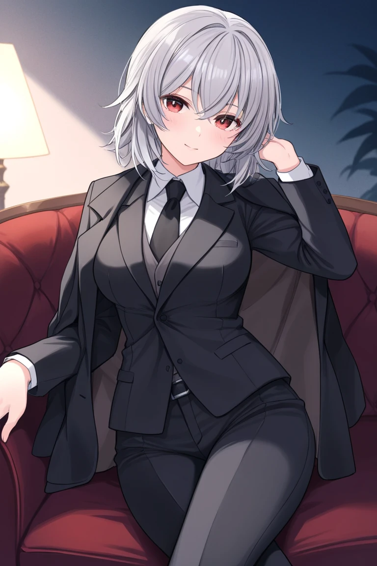 masterpiece,best quality,bedroom,looking at viewer,
<lora:ankaxiya:0.8>,anotherstyle3,ankaxiya,1girl,solo,black jacket,shirt,jacket,skirt,necktie,black footwear,collared shirt,white shirt,crossed bandaids,tears,red necktie,black skirt,open jacket,open clothes,fallen down,grey hair,hair between eyes,sitting,arm up,bangs,long sleeves,off shoulder,bag,shoes,ahoge,dress shirt,high heels,wavy mouth,arm support,