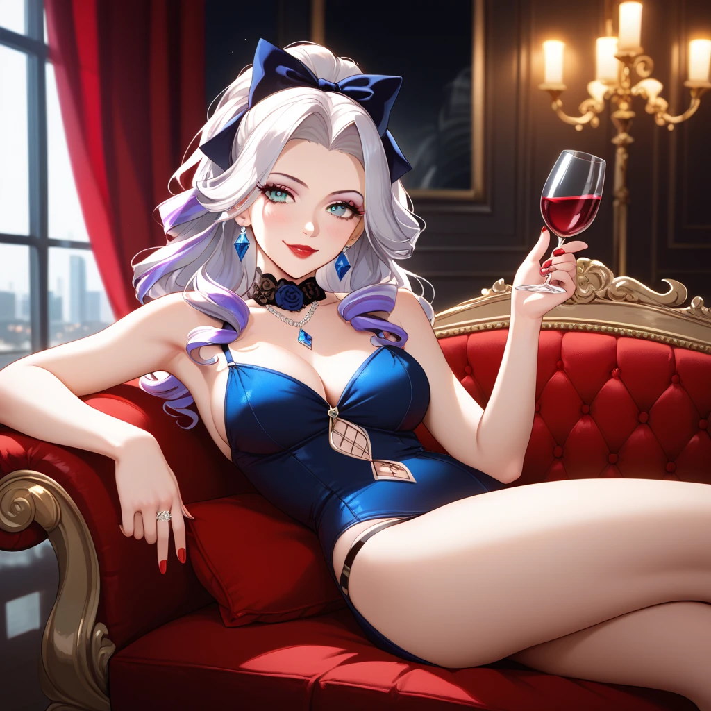 A mature woman with long silver hair and straight bangs,red eye,wearing a red sexy fancy dress,and wearing a fedora hat woman,thug smile to camera,sit on the chair at night club,scenery fancy and beautiful around her,a persian cat laying on her thighs, beautiful menacing around her