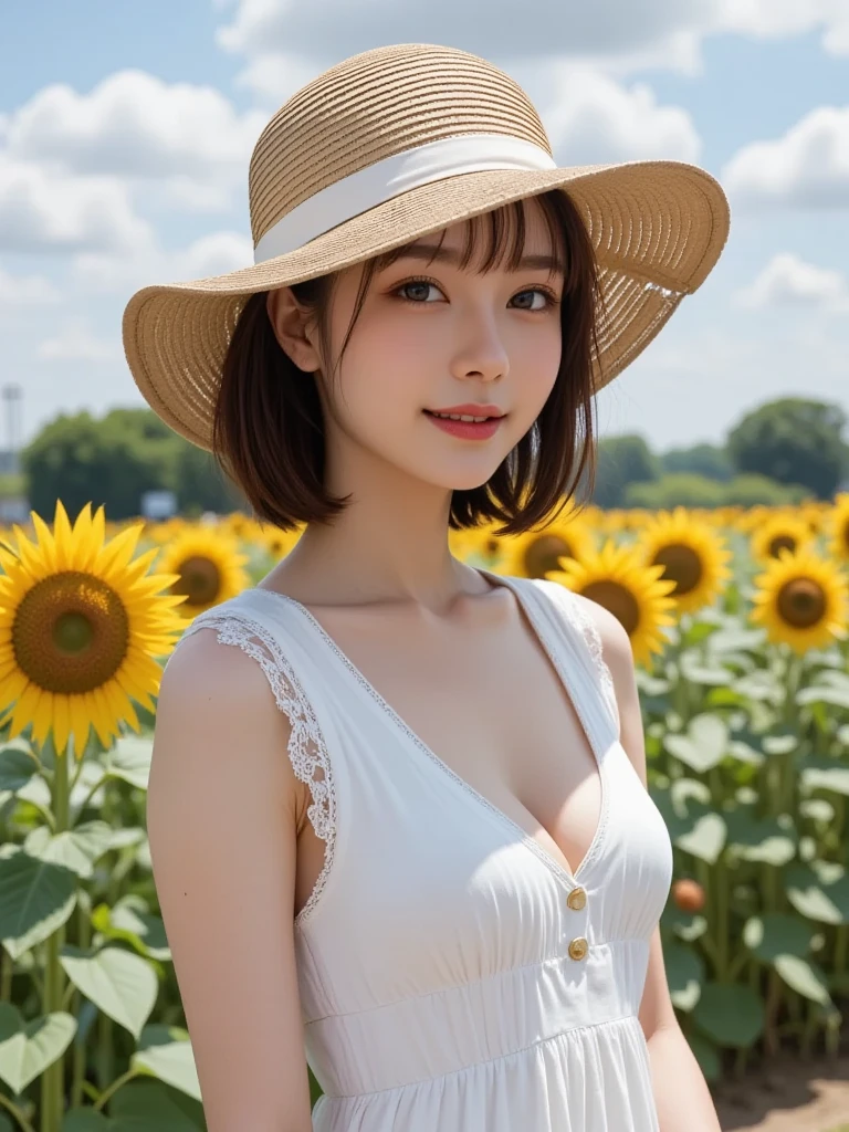 Sunflower field。Wearing a straw hat、earphone。Wearing a white dress、Big Tits Girls。Clear blue sky。Low Poly。Anime Style。Watercolor。