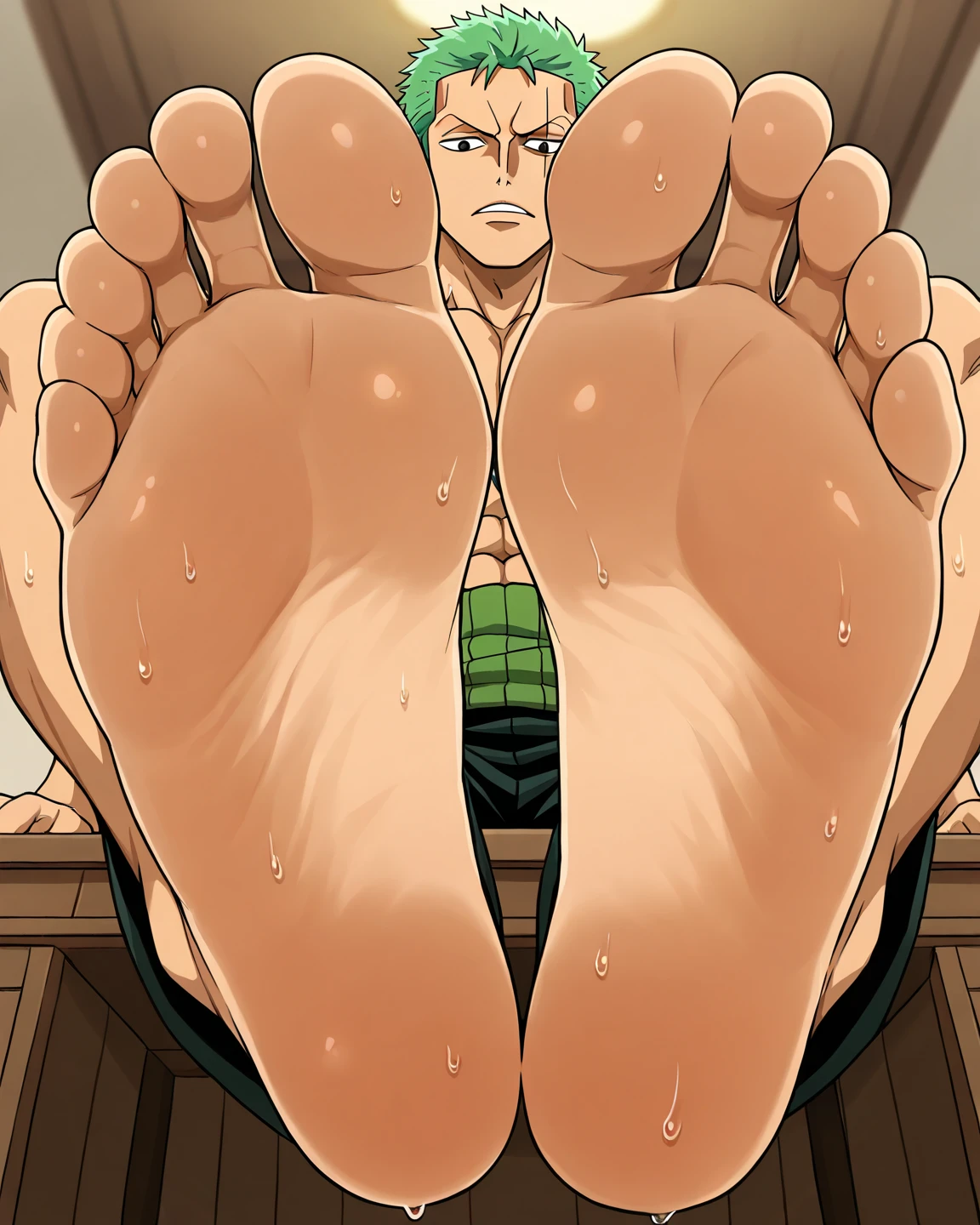 Zoro lying on a bed nude, deatiled penis, muscled, veiny body, tall man, feet, detailed feet, detailed face, sweaty body.