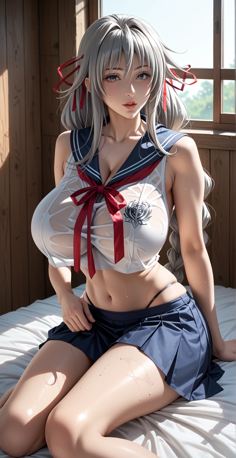 (extremely detailed CG Unity 8k wallpaper, masterpiece, best quality, high detail, ultra-realistic), (better lighting, best shadow, very gentle and beautiful, thin waist, big sides), low angle, angle perpendicular to the girl's ass (1 young a 36-year-old girl with thin, cute legs, gray eyes, with pale skin, blue long hair, makes a enjoying and groaning face, lifted her skirt and lay down on her spread knees with elbows, a half-naked body widely spread her and inserts her husband's into her parted and makes you touch with your hand, from which a very tight flows strongly, under a tight bikini with a schoolgirl costume on the edge of the desk,