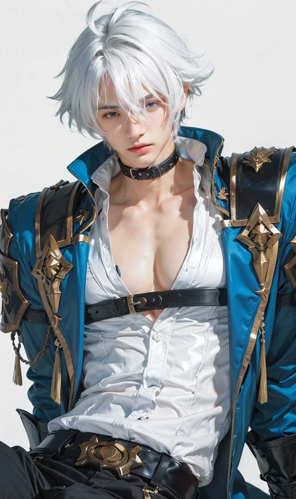 Boy, sixpack, commander style, short hair, perfect face, silver hair